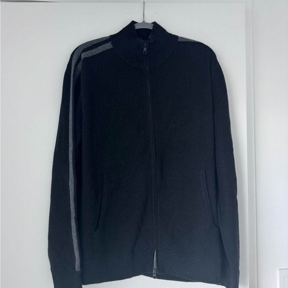 100% Cashmere Banana Republic Black Zip-Up Sweater with Gray Stripes